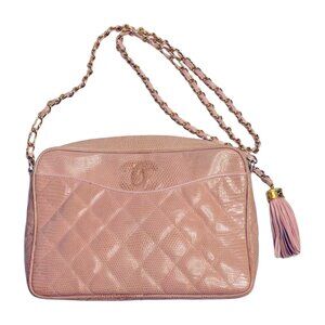 Rare Chanel Vintage CC Tassel Camera Bag Quilted Front Pocket Lizard-Skin Pink